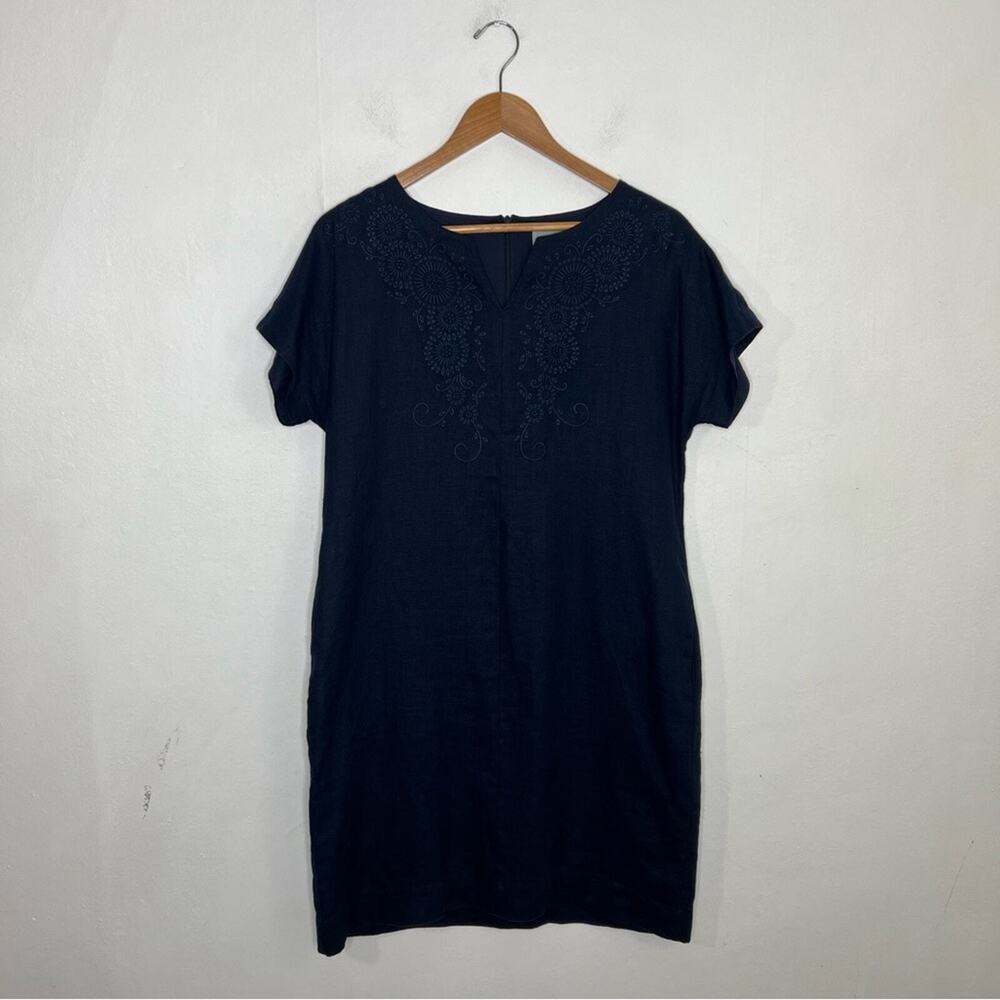 Pure Collection 100% Linen Navy Blue Embroidered Split Neck Shift Dress Size 8